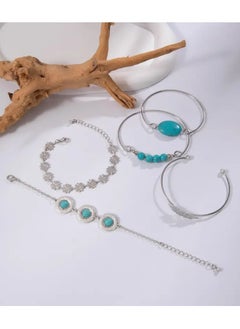 Home Clearance Sale Fashion Retro Turquoise Inlaid Jewelry Set, Personality Versatile Ethnic Style Flower Feather Open Five-piece Set Bracelet Bracelet Female  - Image 5