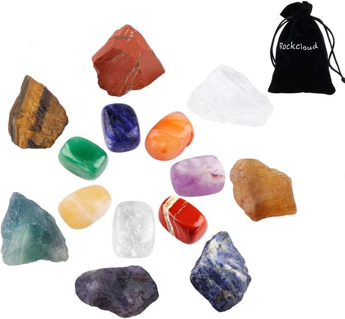 Rockcloud Healing Crystal Kit,Colorful 7 Chakra Tumbled Stones & 7 Raw Stones Mineral Starter Set