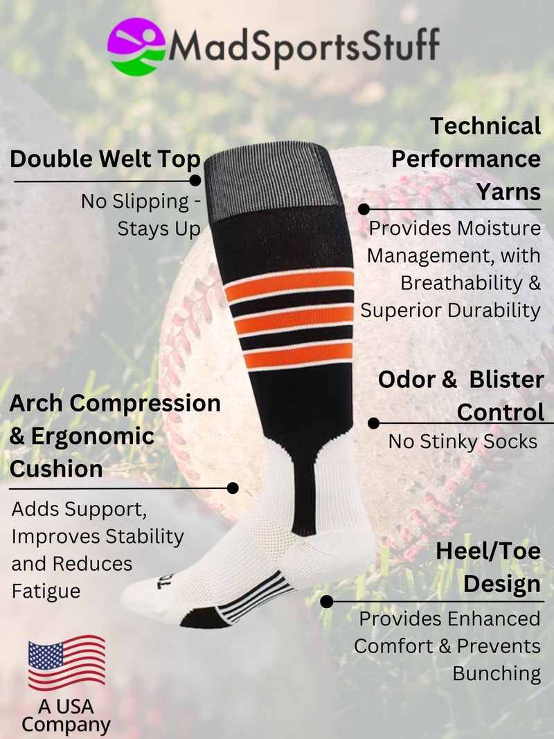 MadSportsStuff Baseball Stirrup Socks 3 Stripe (Black/Orange/White, Small) - Black/Orange/White,Small - Image 2