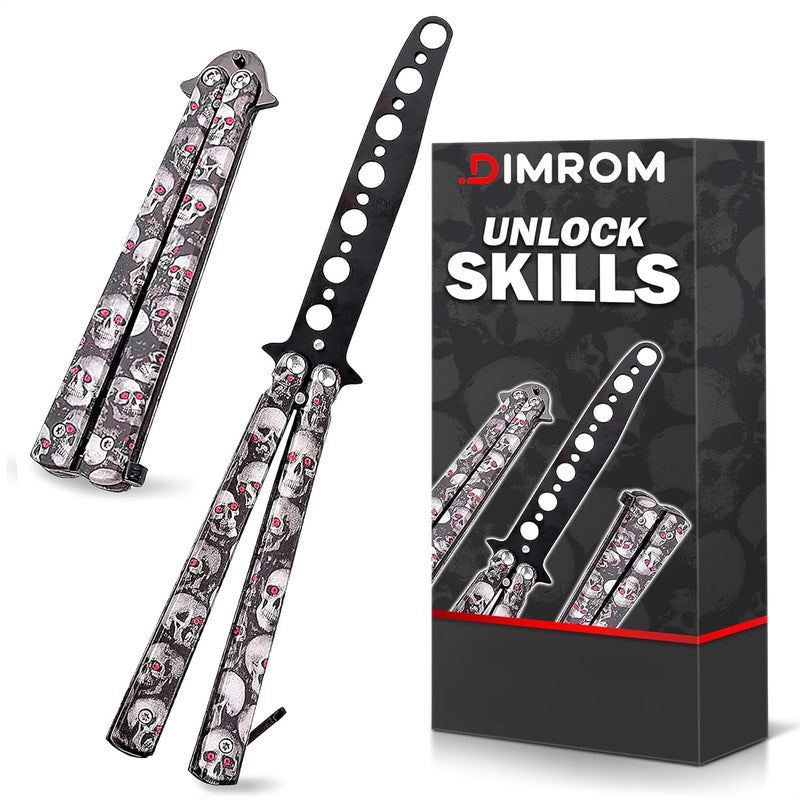 DIMROM Practice Butterfly Knife Trainer - Compact Balisong Knife with Skull Design, Blunt Stainless Steel Blade for Safe Training, Suits for Beginners and Enthusiasts Skill Building - Image 1