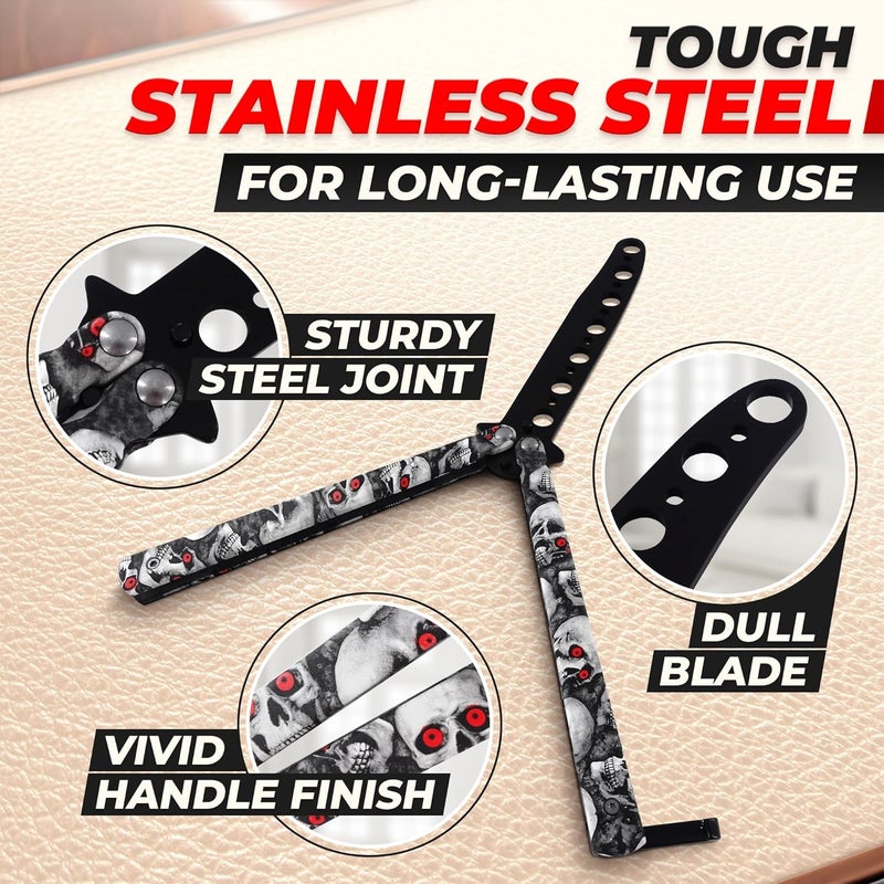 DIMROM Practice Butterfly Knife Trainer - Compact Balisong Knife with Skull Design, Blunt Stainless Steel Blade for Safe Training, Suits for Beginners and Enthusiasts Skill Building - Image 3