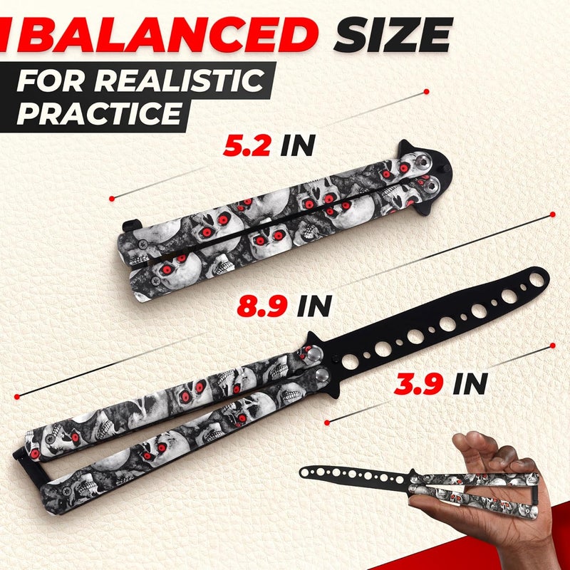 DIMROM Practice Butterfly Knife Trainer - Compact Balisong Knife with Skull Design, Blunt Stainless Steel Blade for Safe Training, Suits for Beginners and Enthusiasts Skill Building - Image 2