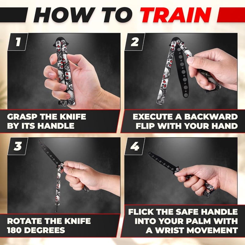 DIMROM Practice Butterfly Knife Trainer - Compact Balisong Knife with Skull Design, Blunt Stainless Steel Blade for Safe Training, Suits for Beginners and Enthusiasts Skill Building - Image 5