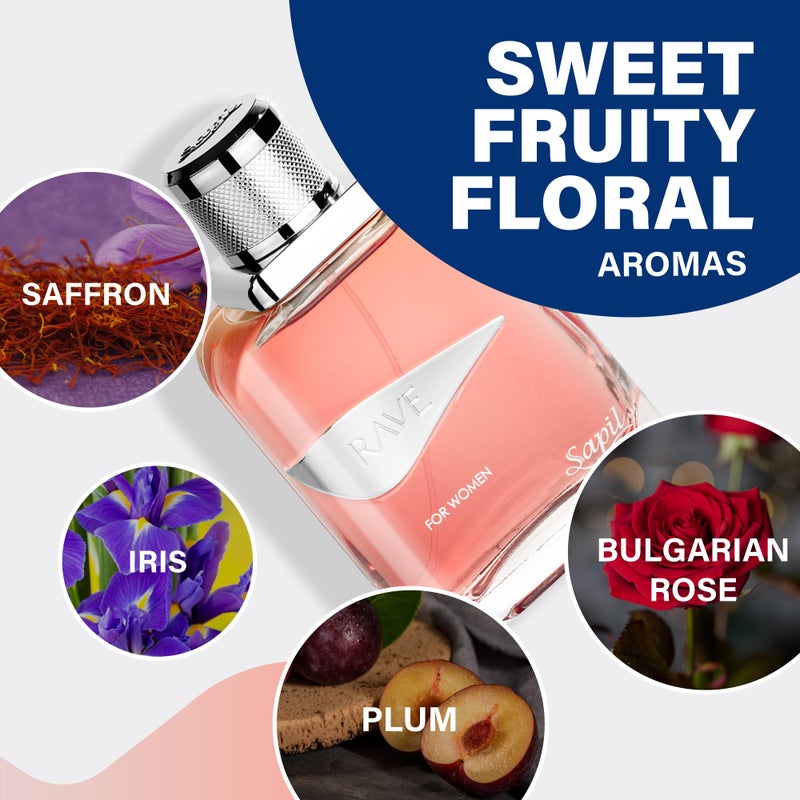Sapil Rave Perfume for Women â€“ Eau de Parfum, 3.4 Oz (100 ml) Dubai Perfume with Sweet Fruity Floral Scent (Plum, Iris, Saffron, Bulgarian Rose, Amber) â€“ Arabic Parfum for Daily Wear & Gift - Image 4