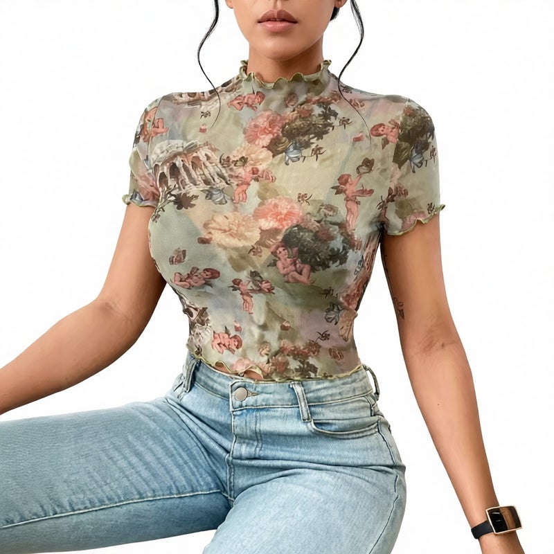 Elegant Mesh Printed Ruffle Short Sleeve T-Shirt Women Slim Fit Top - Image 1