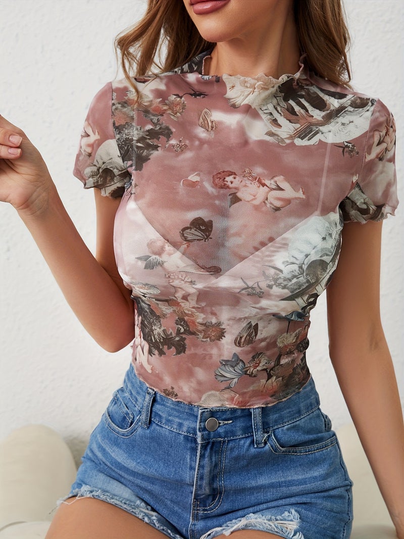 Elegant Mesh Printed Ruffle Short Sleeve T-Shirt Women Slim Fit Top - Image 2