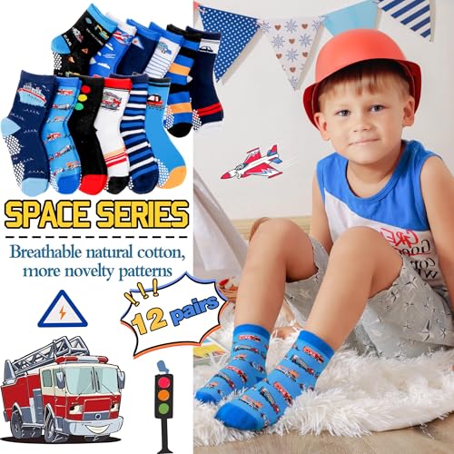 Welwoos Baby Boys Grips Socks Kids Toddlers Infants Non Slip Anti Skid Funny Animal Cartoon Gift Cotton Truck Socks with Grippers 12 Pairs Stocking Stuffers (Cars,9-14 Y) - Image 4