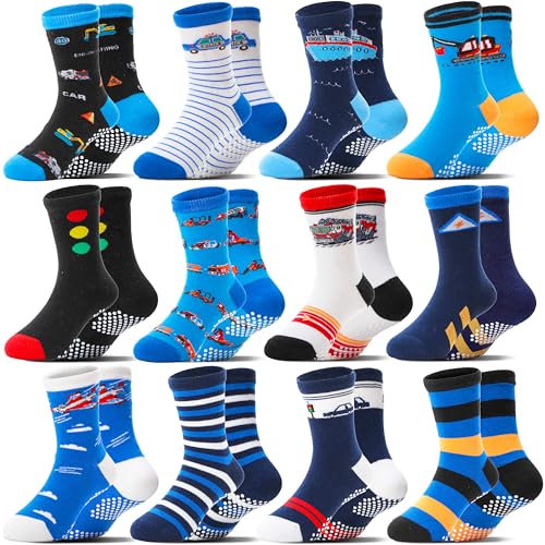 Welwoos Baby Boys Grips Socks Kids Toddlers Infants Non Slip Anti Skid Funny Animal Cartoon Gift Cotton Truck Socks with Grippers 12 Pairs Stocking Stuffers (Cars,9-14 Y) - Image 1