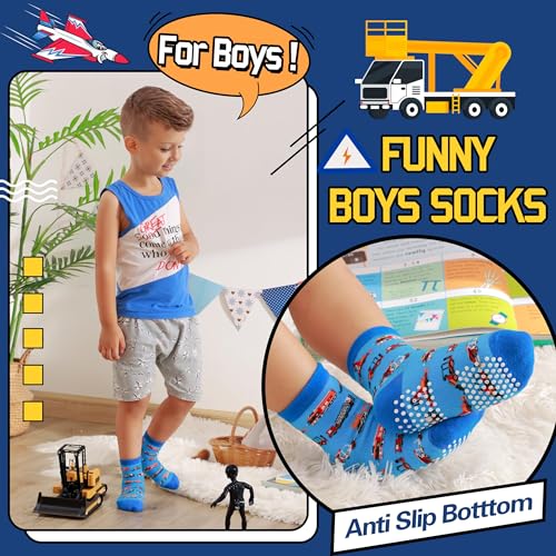 Welwoos Baby Boys Grips Socks Kids Toddlers Infants Non Slip Anti Skid Funny Animal Cartoon Gift Cotton Truck Socks with Grippers 12 Pairs Stocking Stuffers (Cars,9-14 Y) - Image 5