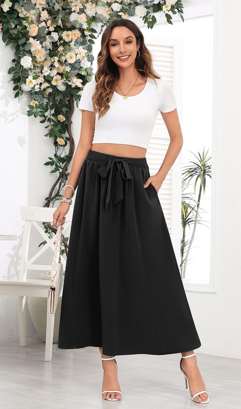 Askyes Women's Black Maxi Skirts Elastic High Waisted Plus Size Casual Flowy Beach Boho Long Skirts with Pockets,2XL - Image 2