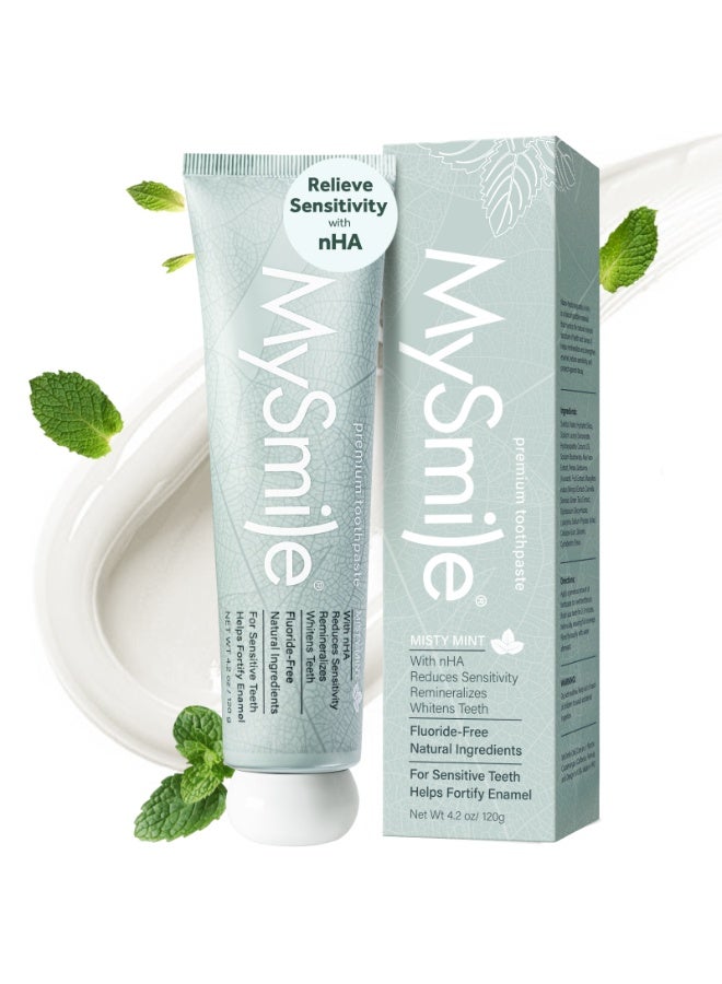 MySmile Fluoride Free Toothpaste, Nano Hydroxyapatite for Sensitive Teeth, Strengthens Enamel, Supports Remineralization & Bright Teeth, Freshens Breath for Adults, SLS Free, Natural Misty Mint, 120g