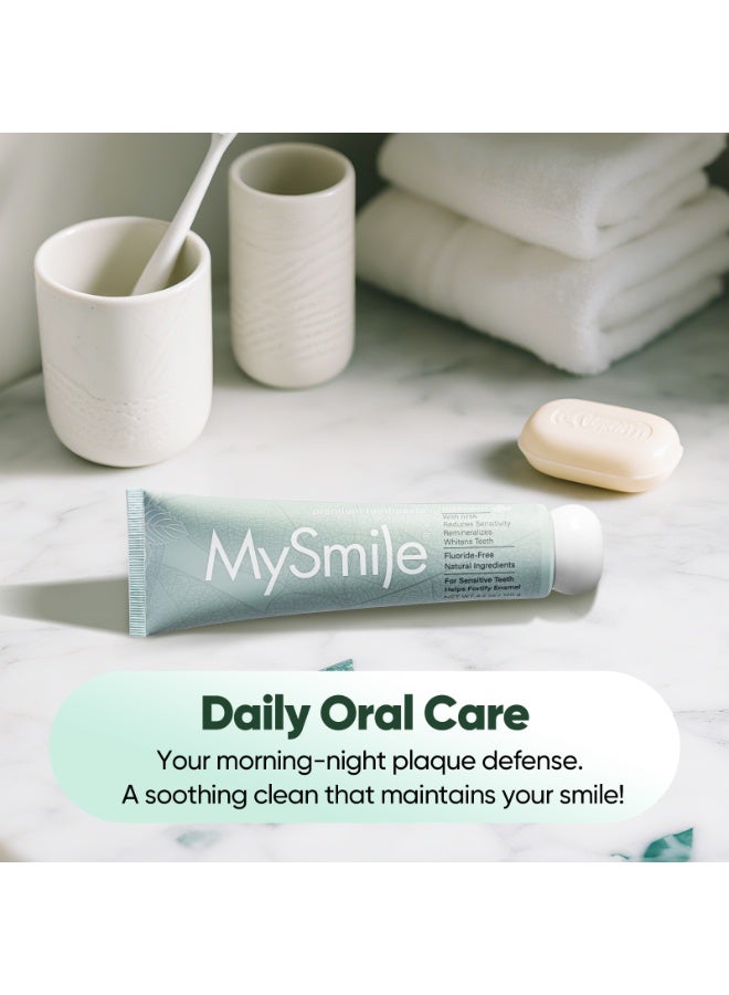 ماي سمايل مستحضر أسنان MySmile بدون فلوريد – يحتوي على نانو هيدروكسيباتيت للأسنان الحساسة، يقوي المعدنية السنية، يدعم عملية إعادة الت矿ة، وينمحن الأسنان بلمسة بيضاء، كما ينضج الأنفاس للبالغين. خالي من SLS، بذوق النعناع الطبيعي المهبلي، 120غ - Image 3