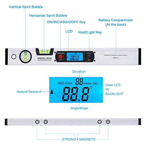RISEPRO 16-inch Digital Spirit Level and Protractor, Torpedo Level, Inclinometer Angle Gauge Finder Bubbles Magnetic Base with Backlight - Image 2