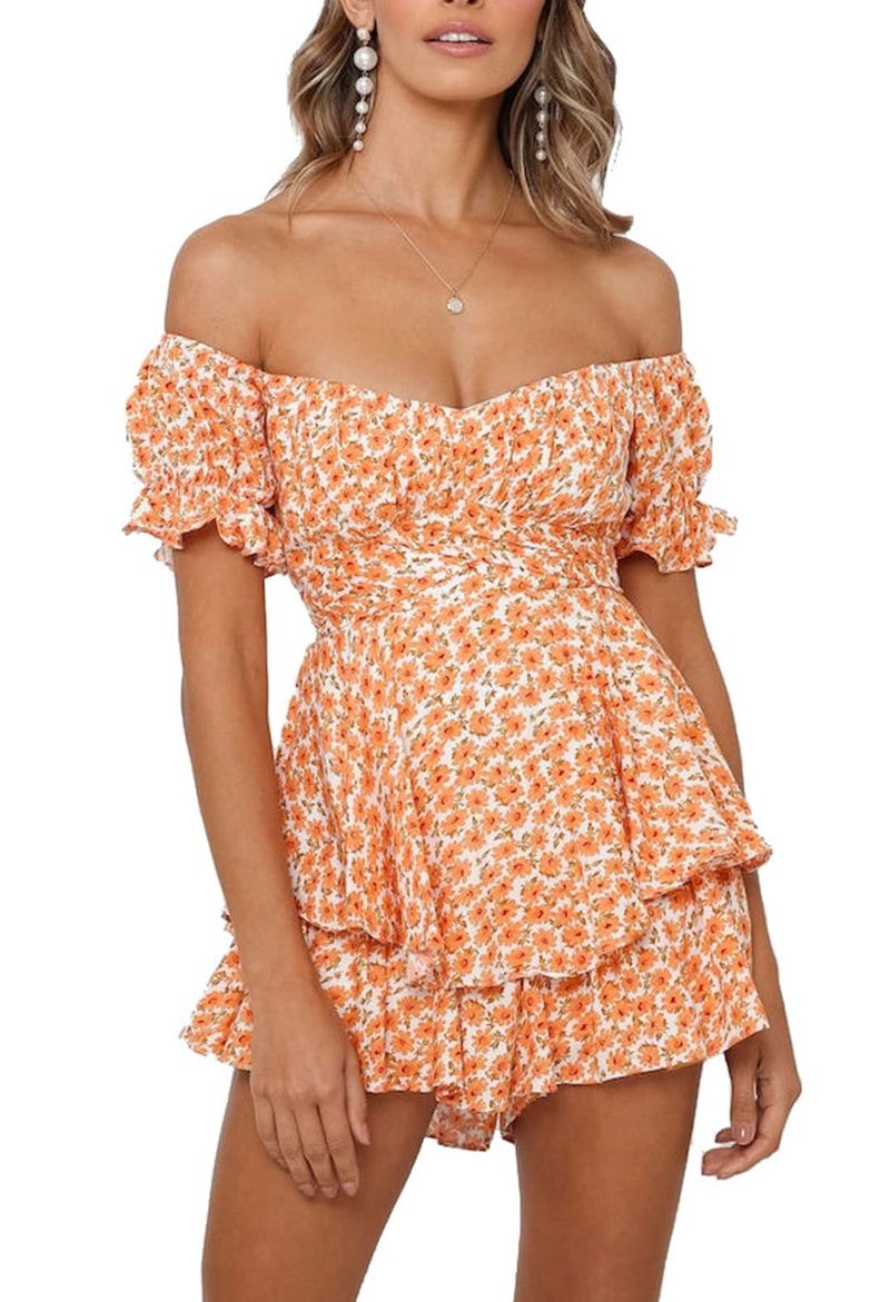 Fixmatti Women's Off Shoulder Mini Jumpsuit Dress Floral Print Rompers Short Sleeves Orange S - Image 2