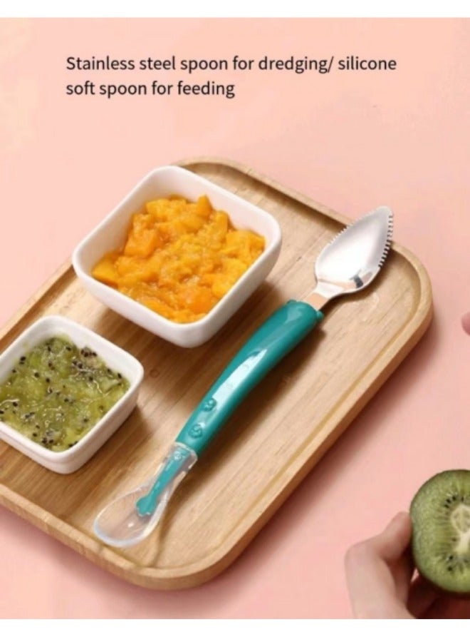 Portable Double-Headed Stainless Steel Silicone Fruit Puree Spoon, Fruit And Vegetable Auxiliary Food Spoon, Baby Two-Head Mud Scraper - Image 2