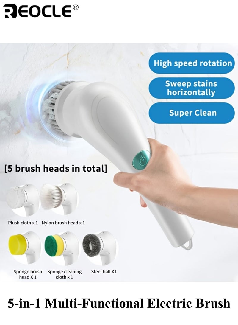 ريوكل فرشاة تنظيف كهربائية دوارة بخمس وظائف شاحن عبر USB منظف متعدد الأسطح مع 5 رؤوس قابلة للاستبدال للحمام والمطبخ والاستحمام أداة تنظيف عميقة متينة ومحمولة - Image 1