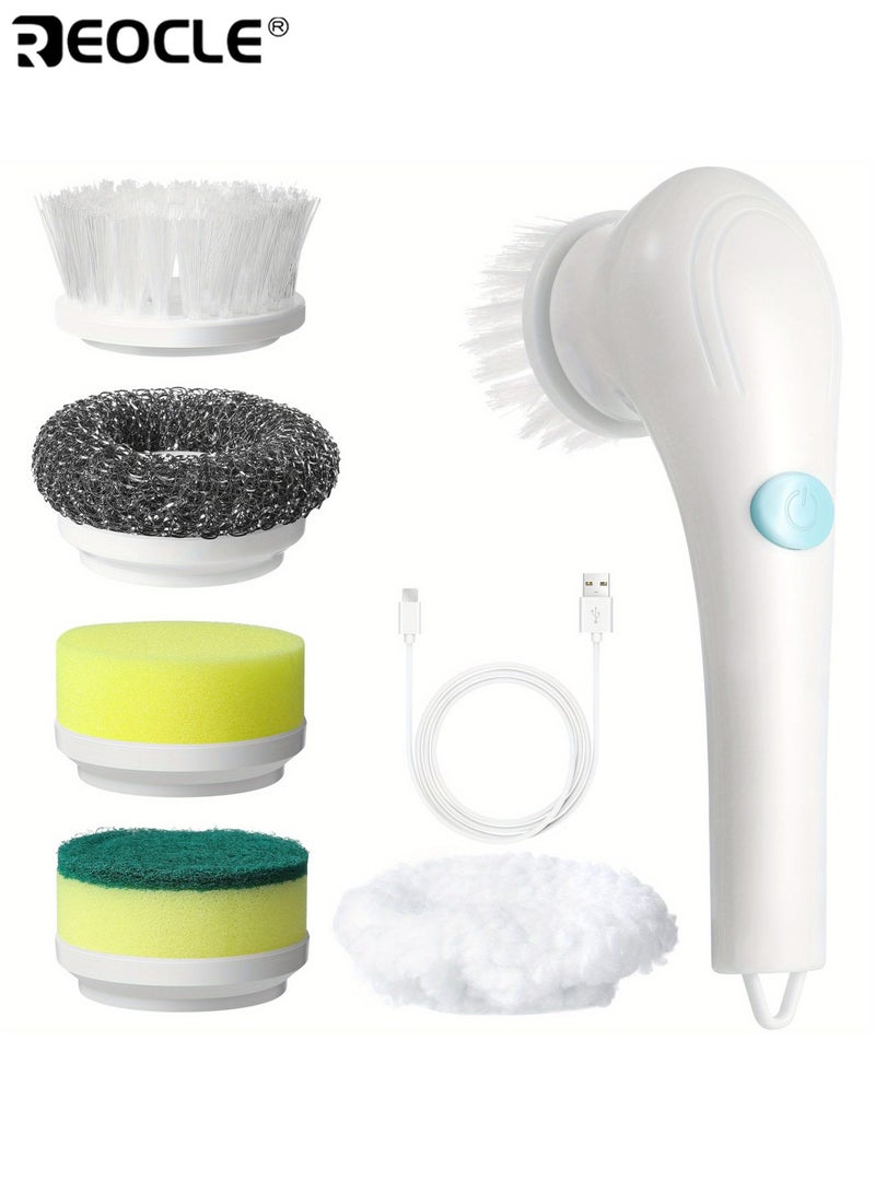 ريوكل فرشاة تنظيف كهربائية دوارة بخمس وظائف شاحن عبر USB منظف متعدد الأسطح مع 5 رؤوس قابلة للاستبدال للحمام والمطبخ والاستحمام أداة تنظيف عميقة متينة ومحمولة - Image 2