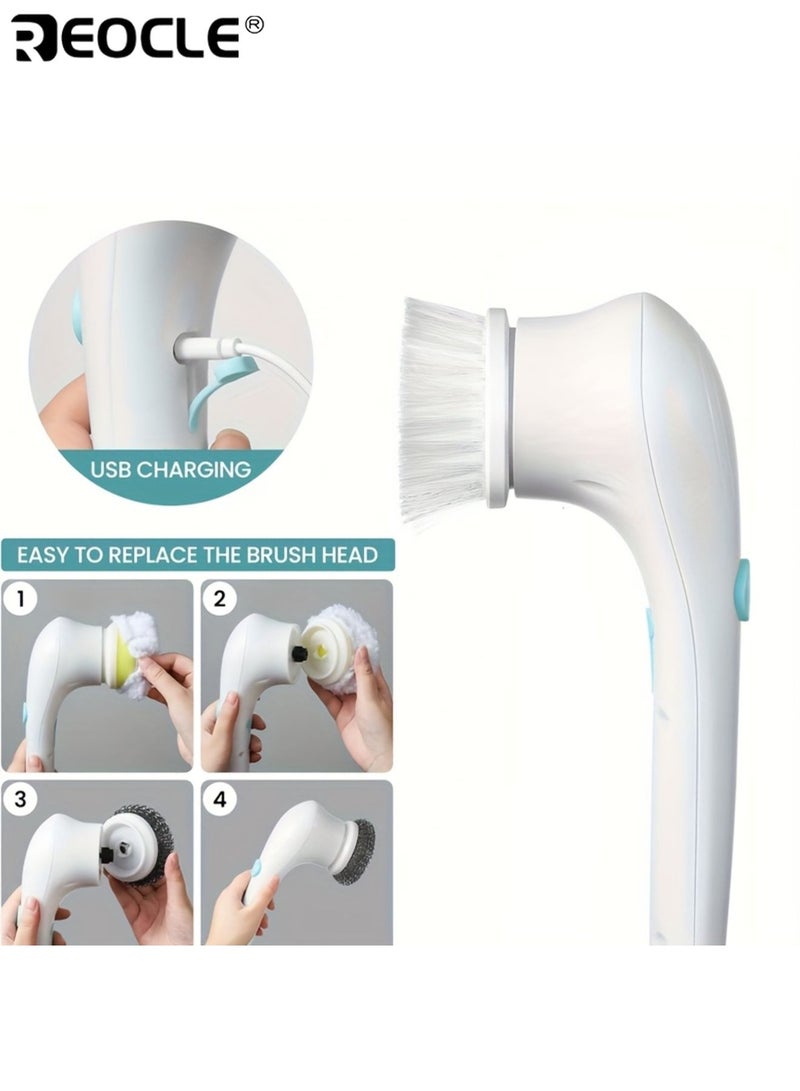ريوكل فرشاة تنظيف كهربائية دوارة بخمس وظائف شاحن عبر USB منظف متعدد الأسطح مع 5 رؤوس قابلة للاستبدال للحمام والمطبخ والاستحمام أداة تنظيف عميقة متينة ومحمولة - Image 5