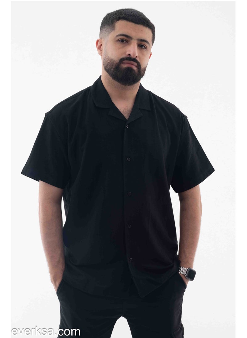Everest Men's Plain Linen Half Sleeve Shirt in Black - Image 1