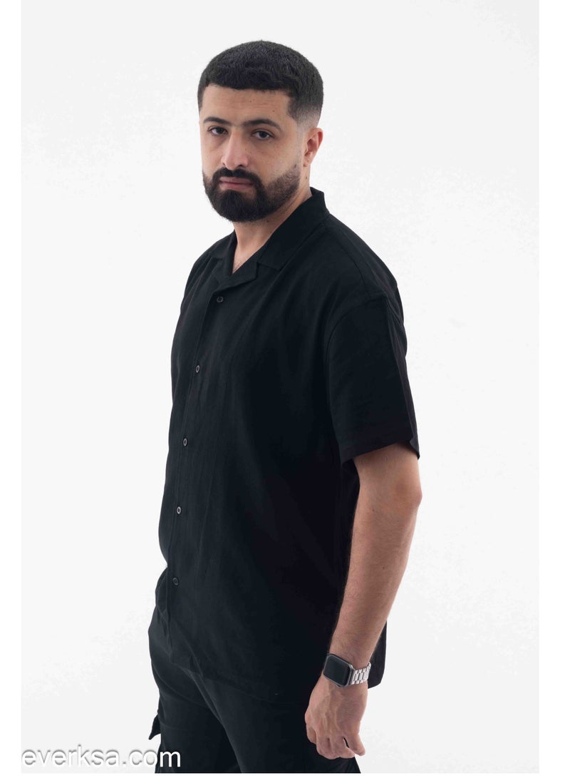 Everest Men's Plain Linen Half Sleeve Shirt in Black - Image 2