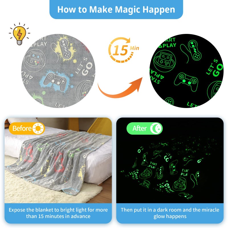 Anowpo Anowpo Glow in The Dark Blanket Game Controller Gifts for Boys Soft Kids Throw Gamer Blanket 3 4 5 6 7 8 9 10 11 12 Year Old Boy Gifts Gifts for Boys 8-12 Easter Birthday Valentines Day Gifts 50""x60""  - Image 3