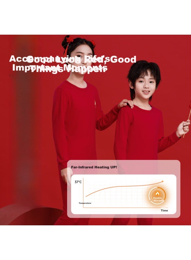 Yuzhaolin Children's Red Cotton Thermal Underwear Set For 12-year-old Boys And Girls, Year Of The Horse Pajamas, Autumn Clothes - Image 4