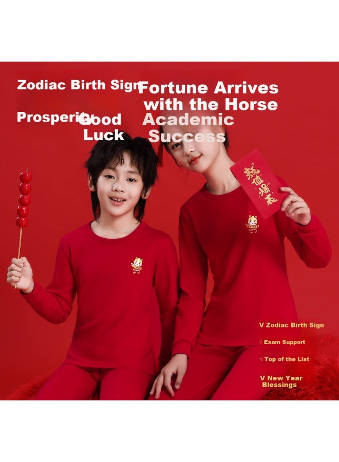 Yuzhaolin Children's Red Cotton Thermal Underwear Set For 12-year-old Boys And Girls, Year Of The Horse Pajamas, Autumn Clothes - Image 3