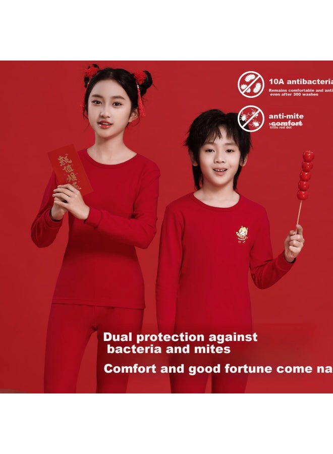 Yuzhaolin Children's Red Cotton Thermal Underwear Set For 12-year-old Boys And Girls, Year Of The Horse Pajamas, Autumn Clothes - Image 2