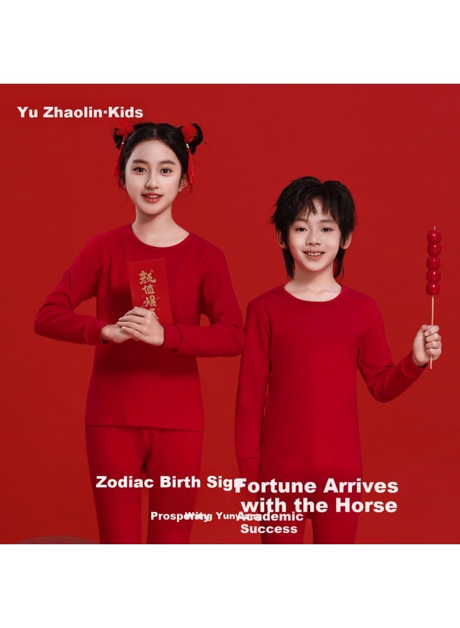 Yuzhaolin Children's Red Cotton Thermal Underwear Set For 12-year-old Boys And Girls, Year Of The Horse Pajamas, Autumn Clothes - Image 1