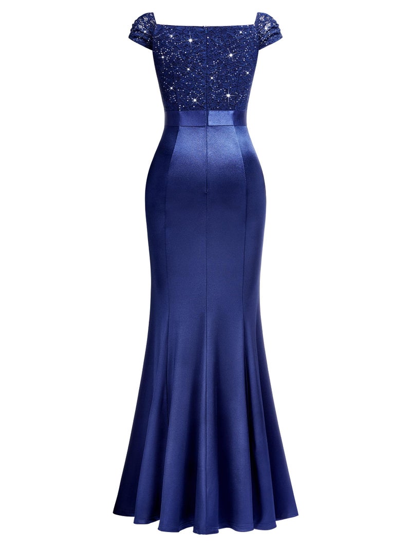 Miusol Women's Vintage V-Neck Slim Style Ruffle Split Evening Formal Maxi Dress (Large, A-Navy Blue) - Image 5