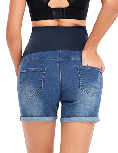 HOFISH Women’s Maternity Jeans Skinny Pants Stretchy Shorts for Pregnancy Navy L - Image 5