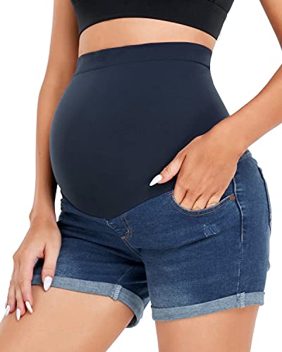 HOFISH Women’s Maternity Jeans Skinny Pants Stretchy Shorts for Pregnancy Navy L - Image 3
