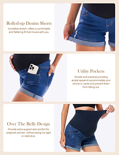 HOFISH Women’s Maternity Jeans Skinny Pants Stretchy Shorts for Pregnancy Navy L - Image 4