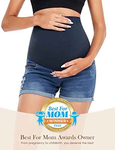 HOFISH Women’s Maternity Jeans Skinny Pants Stretchy Shorts for Pregnancy Navy L - Image 2