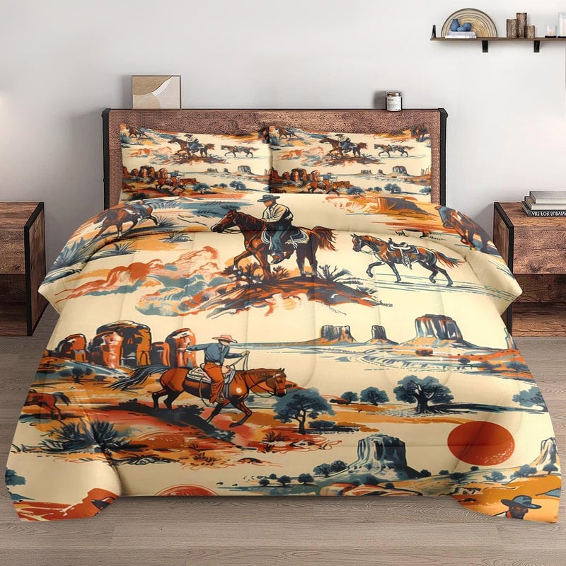Pamnest Comforter Set Twin Size, Vintage Western Cowboy Soft 2 Pcs Bedding for Kids and Adults West Horse Desert Comforter Set with Pillowcase for Bedroom Bed Decor - Image 3