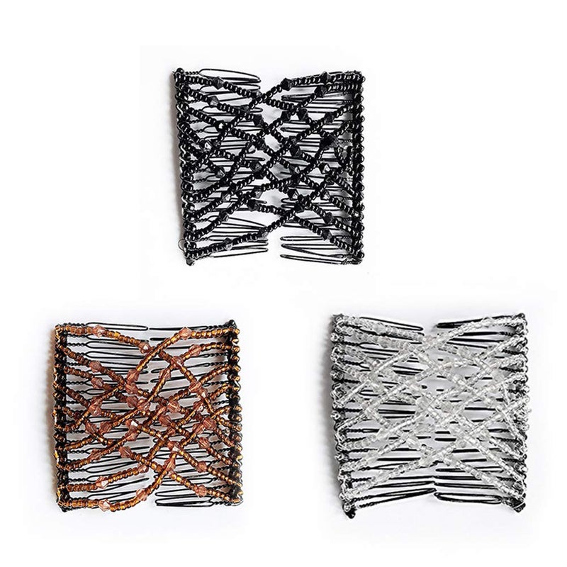 lasenersm 3 Pieces Stretching Beaded Hair Combs Clips and Hairpins with Double Slides Black White Coffee 