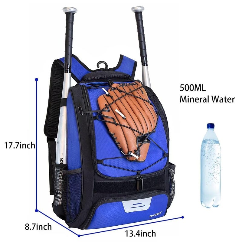 DAFISKY Baseball Bag Softball Backpack - Youth Adult T Ball Bat Equipment Bag with Bat and Helmet Holders, Shoe Compartment and Hook, Blue - Image 2