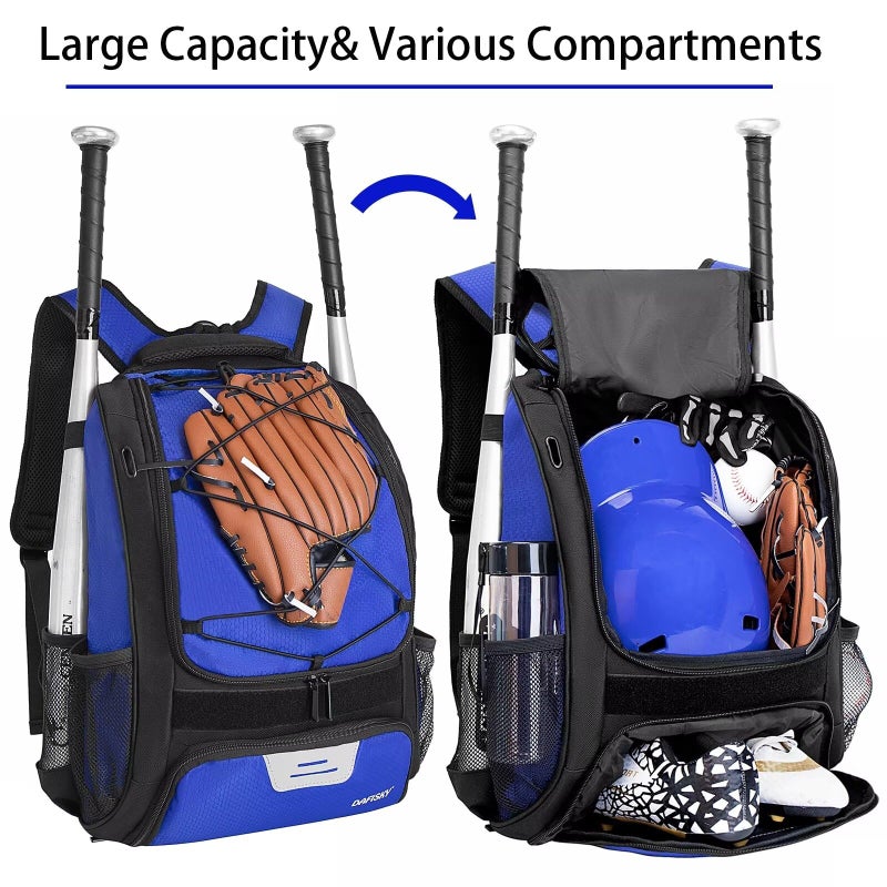 DAFISKY Baseball Bag Softball Backpack - Youth Adult T Ball Bat Equipment Bag with Bat and Helmet Holders, Shoe Compartment and Hook, Blue - Image 3