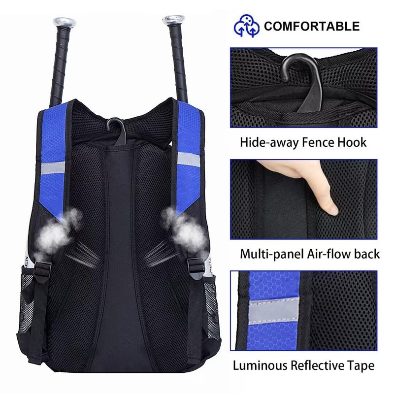 DAFISKY Baseball Bag Softball Backpack - Youth Adult T Ball Bat Equipment Bag with Bat and Helmet Holders, Shoe Compartment and Hook, Blue - Image 5