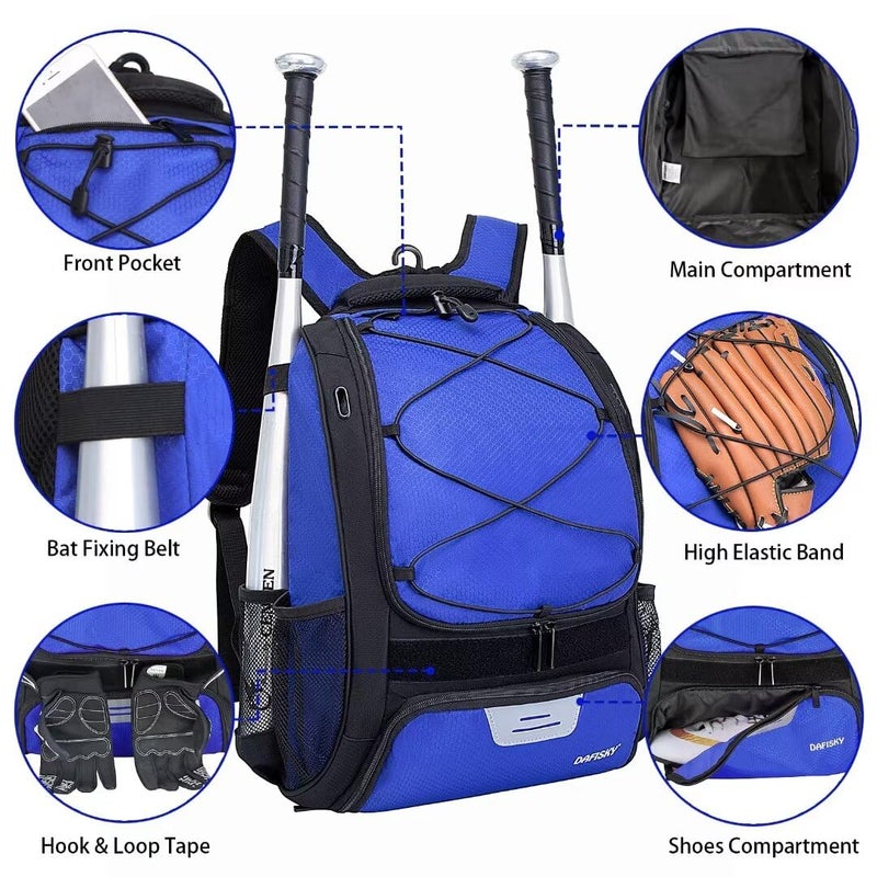 DAFISKY Baseball Bag Softball Backpack - Youth Adult T Ball Bat Equipment Bag with Bat and Helmet Holders, Shoe Compartment and Hook, Blue - Image 4