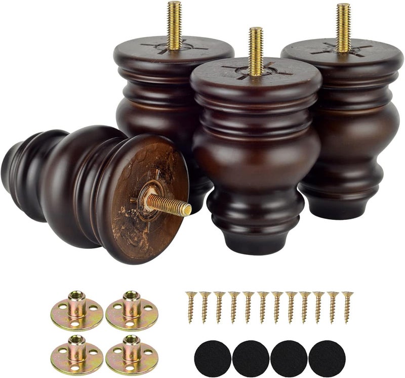Michanco 4 Inch Wood Furniture Legs Set of 4 Wooden Bun Feet for Couch Sofa Ottoman Mid Century M8 Bolt Screw in - Image 1