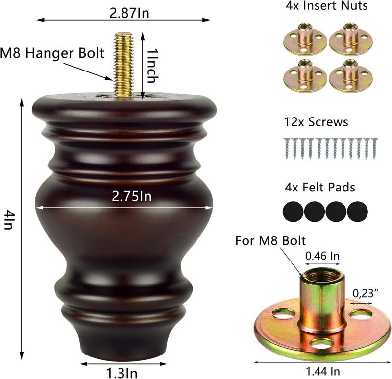 Michanco 4 Inch Wood Furniture Legs Set of 4 Wooden Bun Feet for Couch Sofa Ottoman Mid Century M8 Bolt Screw in - Image 5