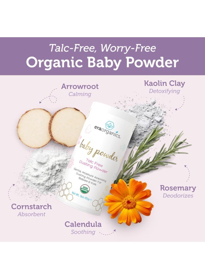 Era Organics بودرة الأطفال العضوية من وزارة الزراعة الأمريكية خالية من التلك - بودرة مهدئة من الأروروت العضوي، والكالندولا، ونشا الذرة للأطفال حديثي الولادة، والأطفال، والرضع - مصنوعة في الولايات المتحدة - 3 أوقية/85 جرام - Image 2