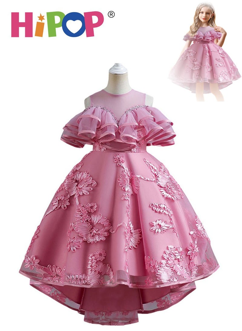 HIPOP Girls Princess Dress Up,Princess Costume with Breathable Mesh and Lining,Birthday Party Cosplay Outfits for Girl Gift,Pink Dress with Beautiful Flower Pattern,3 Layers,120cm - Image 1