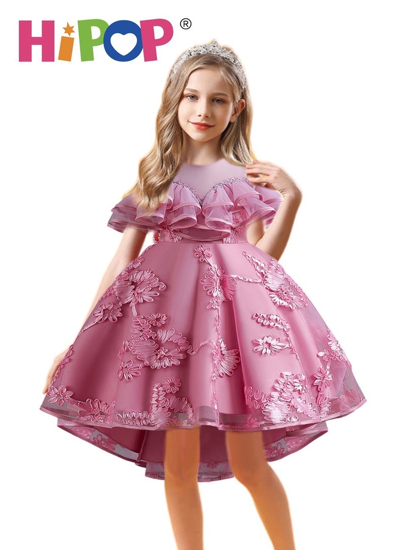 HIPOP Girls Princess Dress Up,Princess Costume with Breathable Mesh and Lining,Birthday Party Cosplay Outfits for Girl Gift,Pink Dress with Beautiful Flower Pattern,3 Layers,120cm - Image 3