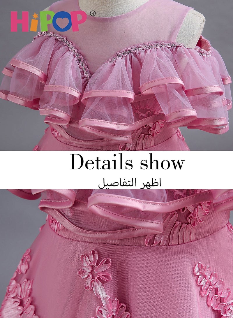 HIPOP Girls Princess Dress Up,Princess Costume with Breathable Mesh and Lining,Birthday Party Cosplay Outfits for Girl Gift,Pink Dress with Beautiful Flower Pattern,3 Layers,120cm - Image 2