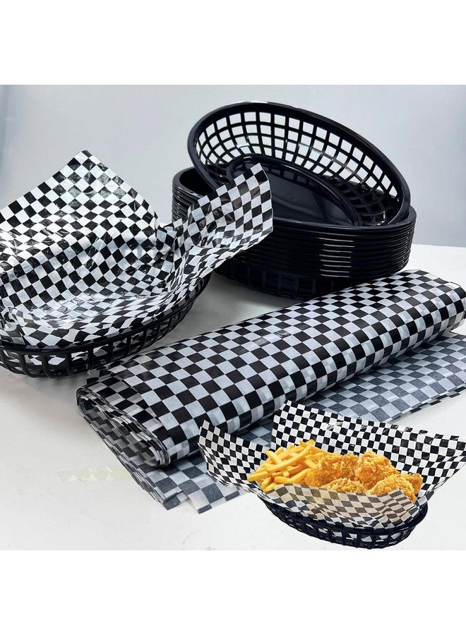 Rainmae Rainmae Plastic Food Baskets with Parchment Paper Liners, 12 Fast Food Baskets with 120 Deli Paper Sheets, Bread Basket, Candy Fruits basket, Plastic Baskets, Restaurant Baskets for Food - Retro Style  - Image 1
