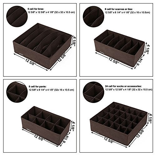 House of Quirk Fabric Set of 4 Foldable Storage Box Drawer Divider Organizer Closet Storage for Socks Bra Tie Scarfs - Brown, Jewelry - Image 3