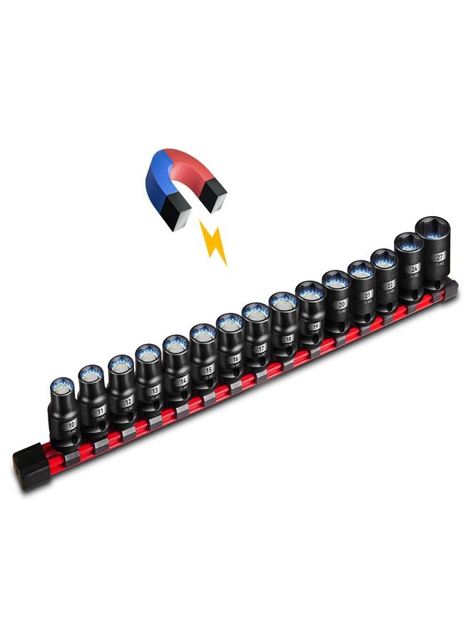 BLACKROBOT 1/2" Drive Magnetic Impact Socket Set, 15-Piece Shallow Socket Set with Storage Rail, Metric Size (10-22mm, 24mm, 27mm), 6-Point Magnetic Sockets, Cr-Mo Steel - Image 1