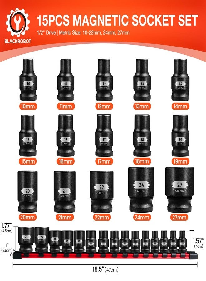 BLACKROBOT 1/2" Drive Magnetic Impact Socket Set, 15-Piece Shallow Socket Set with Storage Rail, Metric Size (10-22mm, 24mm, 27mm), 6-Point Magnetic Sockets, Cr-Mo Steel - Image 2